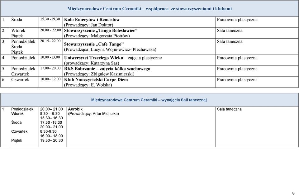 00 Uniwersytet Trzeciego Wieku zajęcia plastyczne (prowadzący: Katarzyna Sas) 5 Poniedziałek 17.00 20.00 BKS Bobrzanie zajęcia kółka szachowego (Prowadzący: Zbigniew Kazimierski) 6 10.00 12.