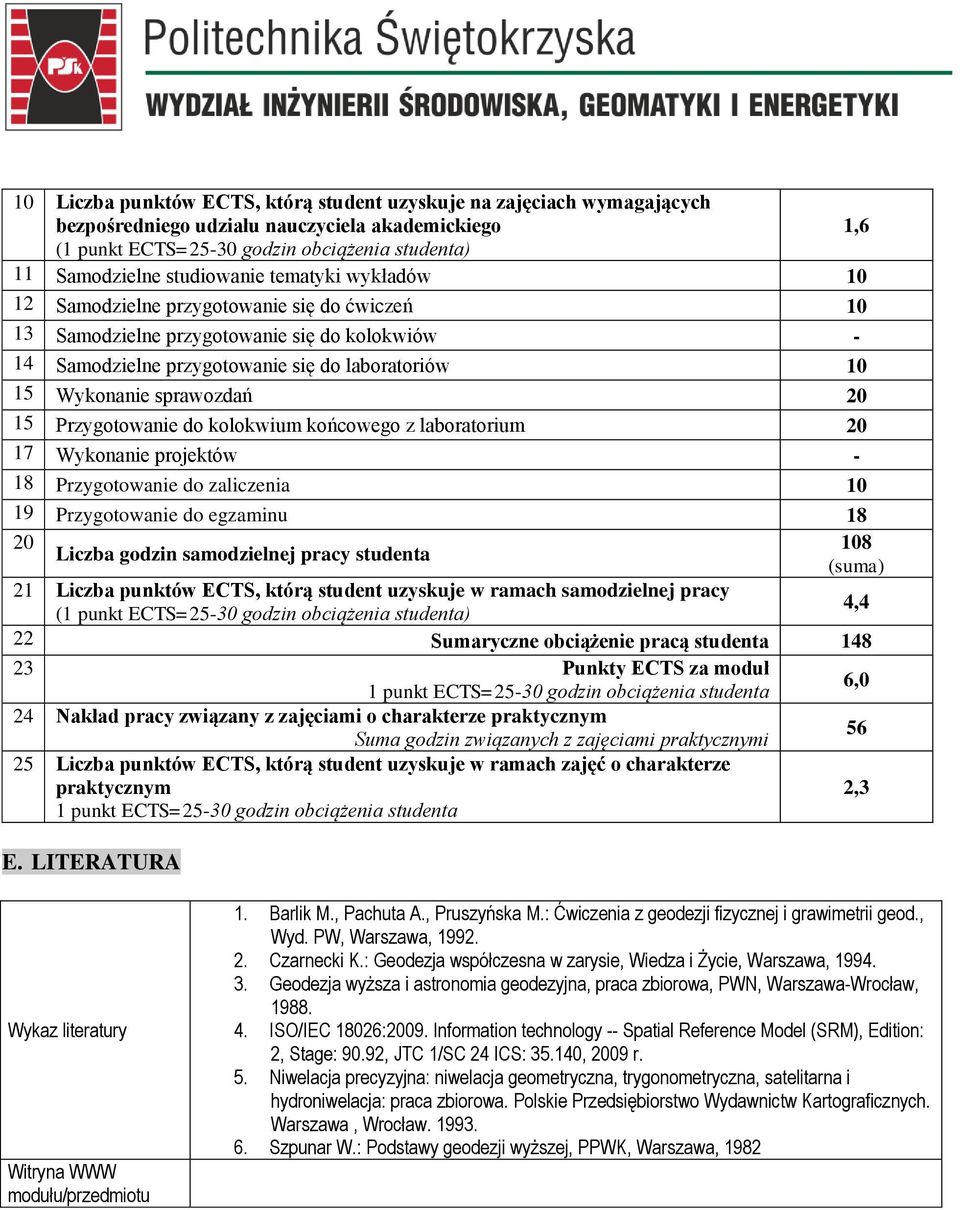 sprawozdań 20 15 Przygotowanie do kolokwium końcowego z laboratorium 20 17 Wykonanie projektów - 18 Przygotowanie do zaliczenia 10 19 Przygotowanie do egzaminu 18 20 108 Liczba godzin samodzielnej