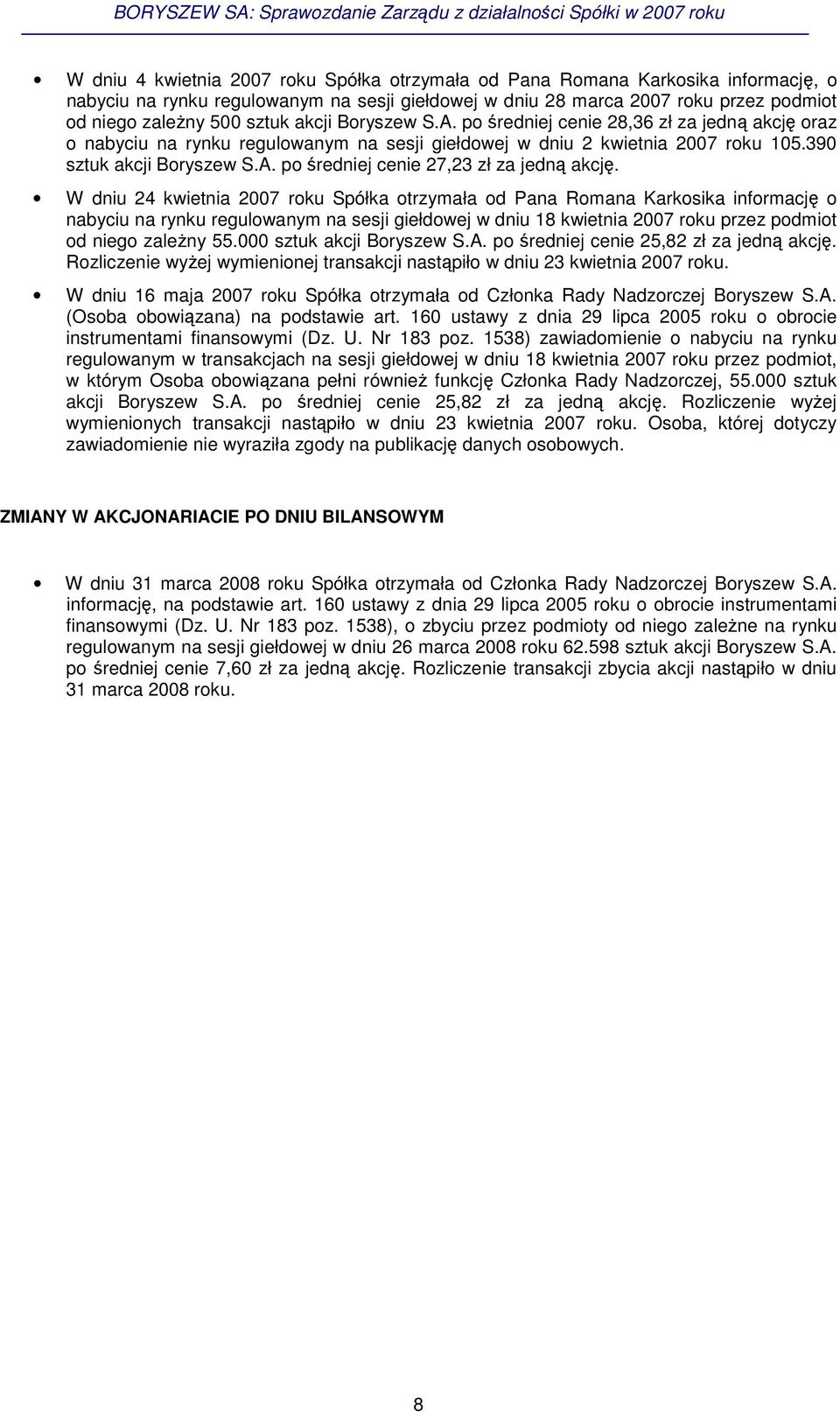 W dniu 24 kwietnia 2007 roku Spółka otrzymała od Pana Romana Karkosika informacj o nabyciu na rynku regulowanym na sesji giełdowej w dniu 18 kwietnia 2007 roku przez podmiot od niego zaleny 55.