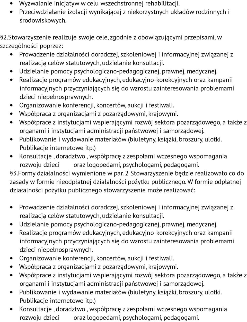 statutowych, udzielanie konsultacji. Udzielanie pomocy psychologiczno-pedagogicznej, prawnej, medycznej.