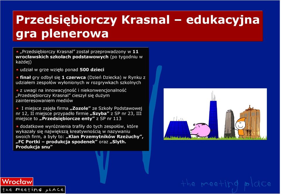 duŝym zainteresowaniem mediów I miejsce zajęła firma Zozole ze Szkoły Podstawowej nr 12, II miejsce przypadło firmie Szyba z SP nr 23, III miejsce to Przedsiębiorcze enty z SP nr 113 dodatkowe