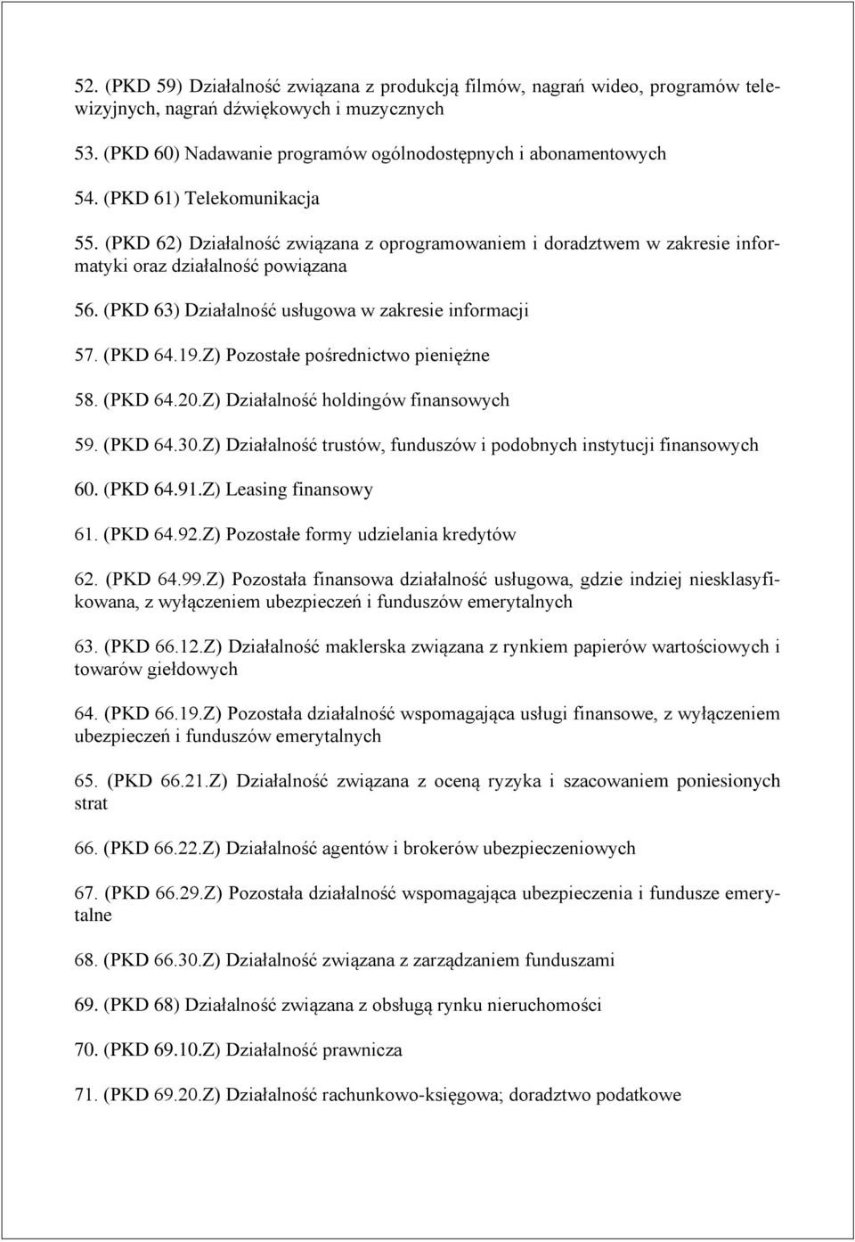 (PKD 64.19.Z) Pozostałe pośrednictwo pieniężne 58. (PKD 64.20.Z) Działalność holdingów finansowych 59. (PKD 64.30.Z) Działalność trustów, funduszów i podobnych instytucji finansowych 60. (PKD 64.91.