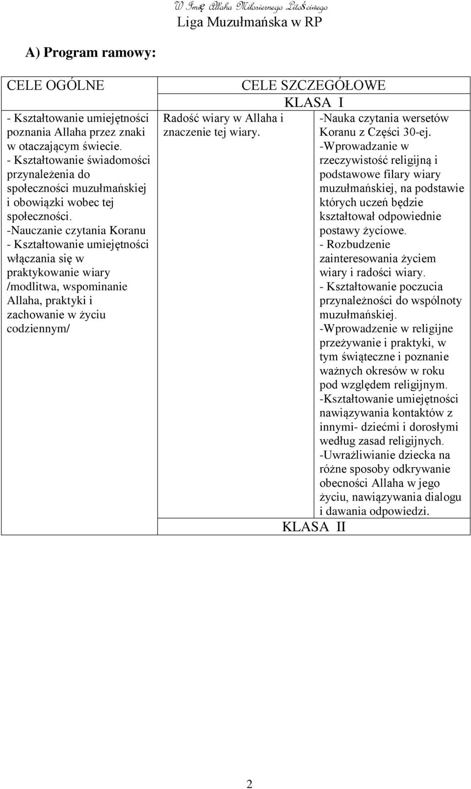 -Nauczanie czytania Koranu - Kształtowanie umiejętności włączania się w praktykowanie wiary /modlitwa, wspominanie Allaha, praktyki i zachowanie w życiu codziennym/ Radość wiary w Allaha i znaczenie