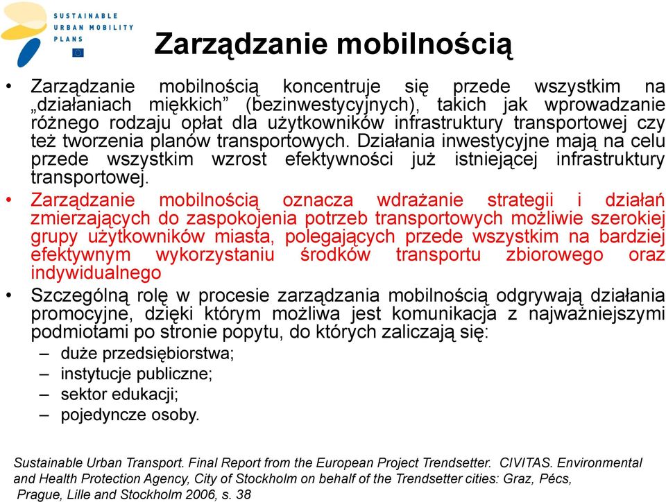 Zarządzanie mobilnością oznacza wdrażanie strategii i działań zmierzających do zaspokojenia potrzeb transportowych możliwie szerokiej grupy użytkowników miasta, polegających przede wszystkim na