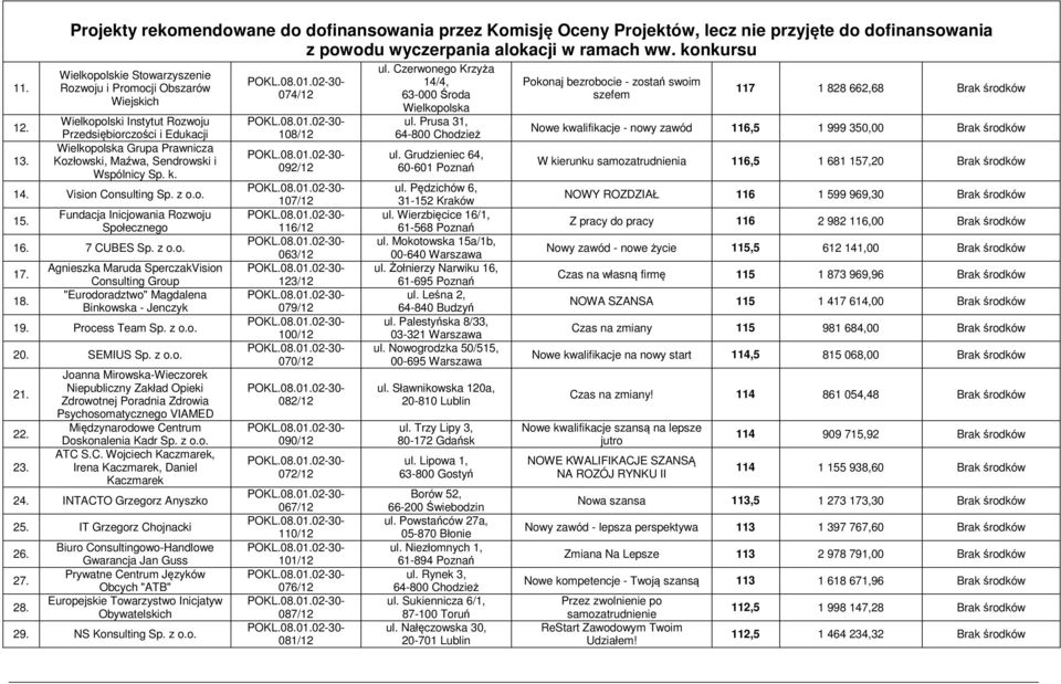 Fundacja Inicjowania Rozwoju Społecznego 16. 7 CUBES Sp. z o.o. 17. 18. Agnieszka Maruda SperczakVision Consulting Group "Eurodoradztwo" Magdalena Binkowska - Jenczyk 19. Process Team Sp. z o.o. 20.