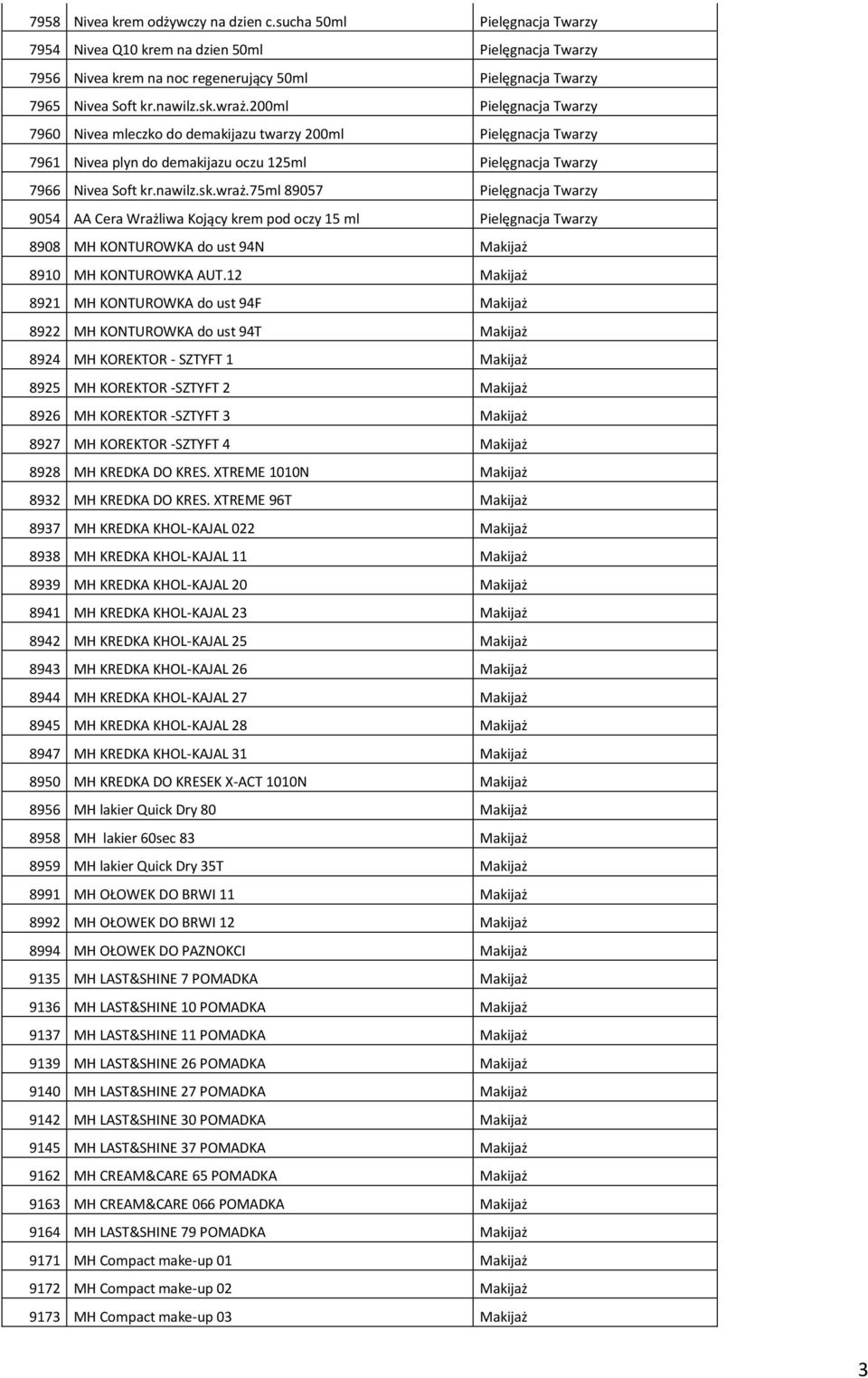 12 Makijaż 8921 MH KONTUROWKA do ust 94F Makijaż 8922 MH KONTUROWKA do ust 94T Makijaż 8924 MH KOREKTOR - SZTYFT 1 Makijaż 8925 MH KOREKTOR -SZTYFT 2 Makijaż 8926 MH KOREKTOR -SZTYFT 3 Makijaż 8927