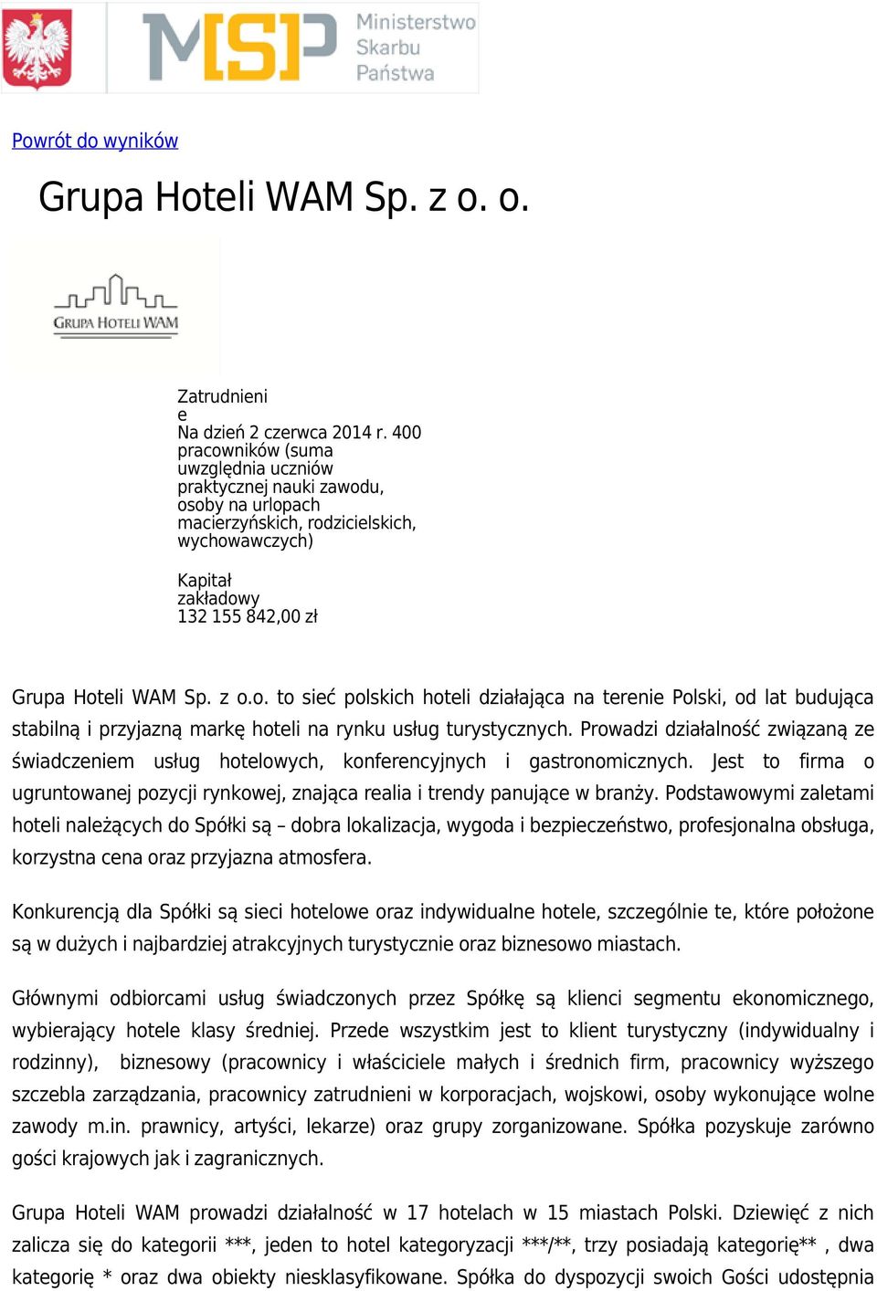 Prowadzi działalność związaną ze świadczeniem usług hotelowych, konferencyjnych i gastronomicznych. Jest to firma o ugruntowanej pozycji rynkowej, znająca realia i trendy panujące w branży.