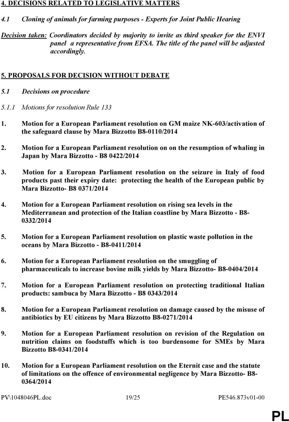 The title of the panel will be adjusted accordingly. 5. PROPOSALS FOR DECISION WITHOUT DEBATE 5.1 Decisions on procedure 5.1.1 Motions for resolution Rule 133 1.