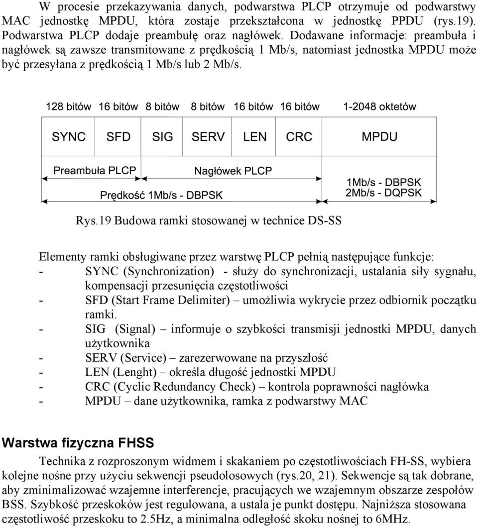 19 Budowa ramki stosowanej w technice DS-SS Elementy ramki obsługiwane przez warstwę PLCP pełnią następujące funkcje: - SYNC (Synchronization) - służy do synchronizacji, ustalania siły sygnału,