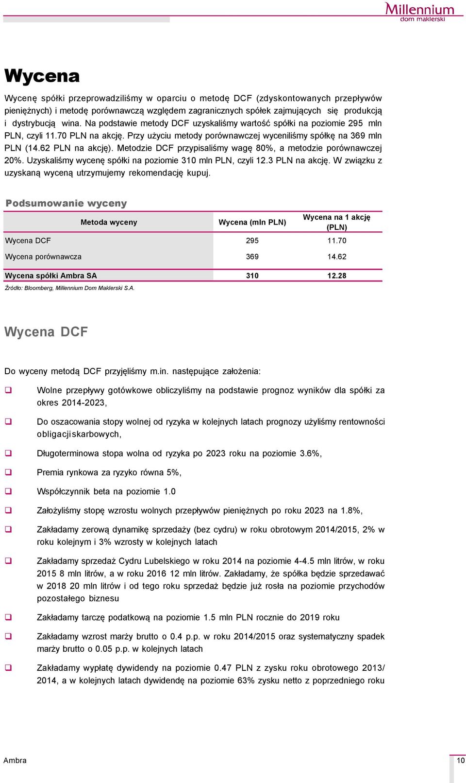 Metodzie DCF przypisaliśmy wagę 8%, a metodzie porçwnawczej 2%. Uzyskaliśmy wycenę spçłki na poziomie 31 mln PLN, czyli 12.3 PLN na akcję. W związku z uzyskaną wyceną utrzymujemy rekomendację kupuj.