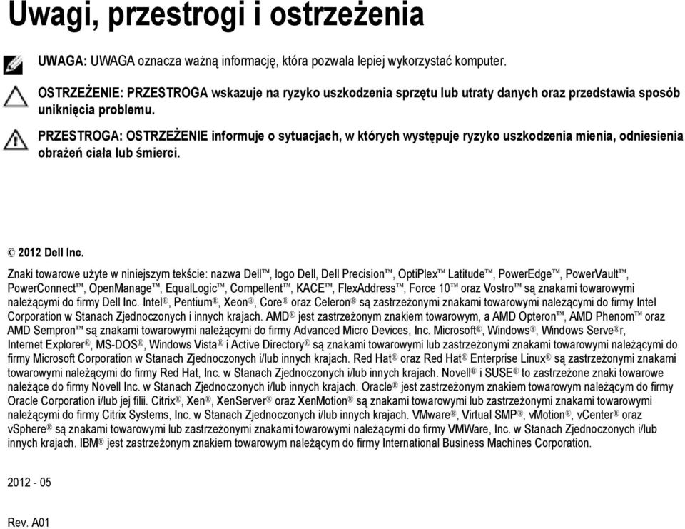 PRZESTROGA: OSTRZEŻENIE informuje o sytuacjach, w których występuje ryzyko uszkodzenia mienia, odniesienia obrażeń ciała lub śmierci. 2012 Dell Inc.