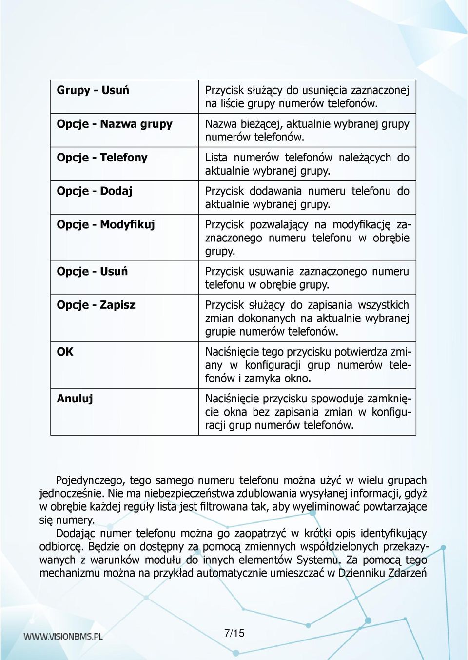 Przycisk pozwalający na modyfikację zaznaczonego numeru telefonu w obrębie grupy. Przycisk usuwania zaznaczonego numeru telefonu w obrębie grupy.