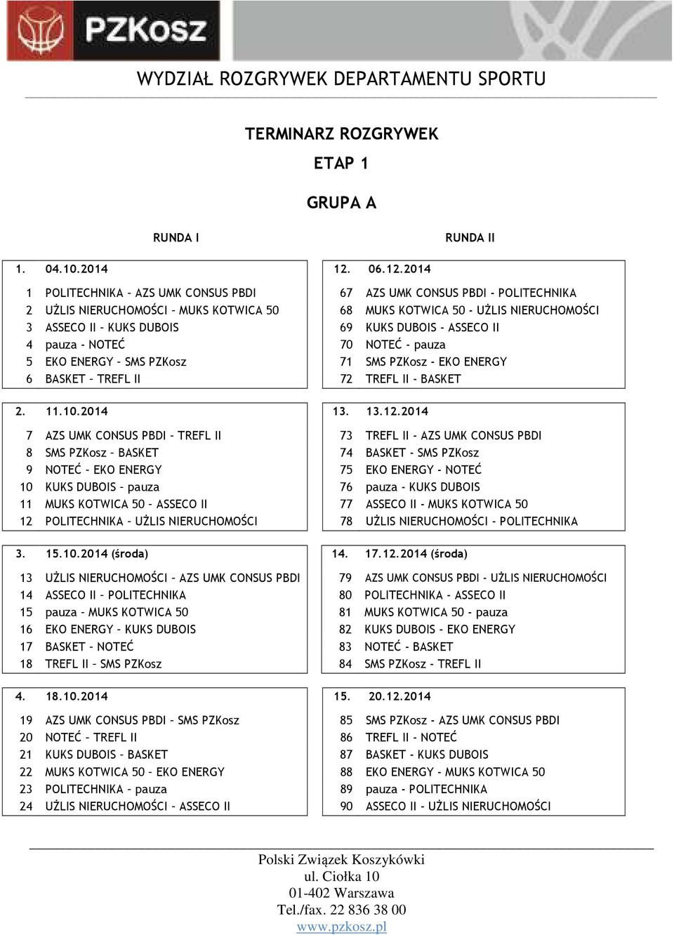 2014 1 POLITECHNIKA AZS UMK CONSUS PBDI 67 AZS UMK CONSUS PBDI - POLITECHNIKA 2 UŻLIS NIERUCHOMOŚCI MUKS KOTWICA 50 68 MUKS KOTWICA 50 - UŻLIS NIERUCHOMOŚCI 3 ASSECO II KUKS DUBOIS 69 KUKS DUBOIS -