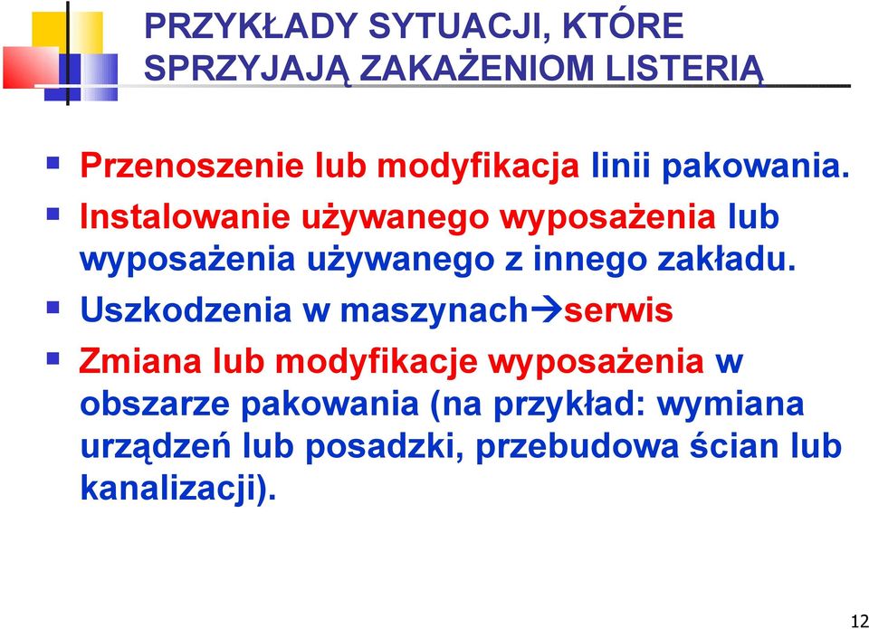 Instalowanie używanego wyposażenia lub wyposażenia używanego z innego zakładu.