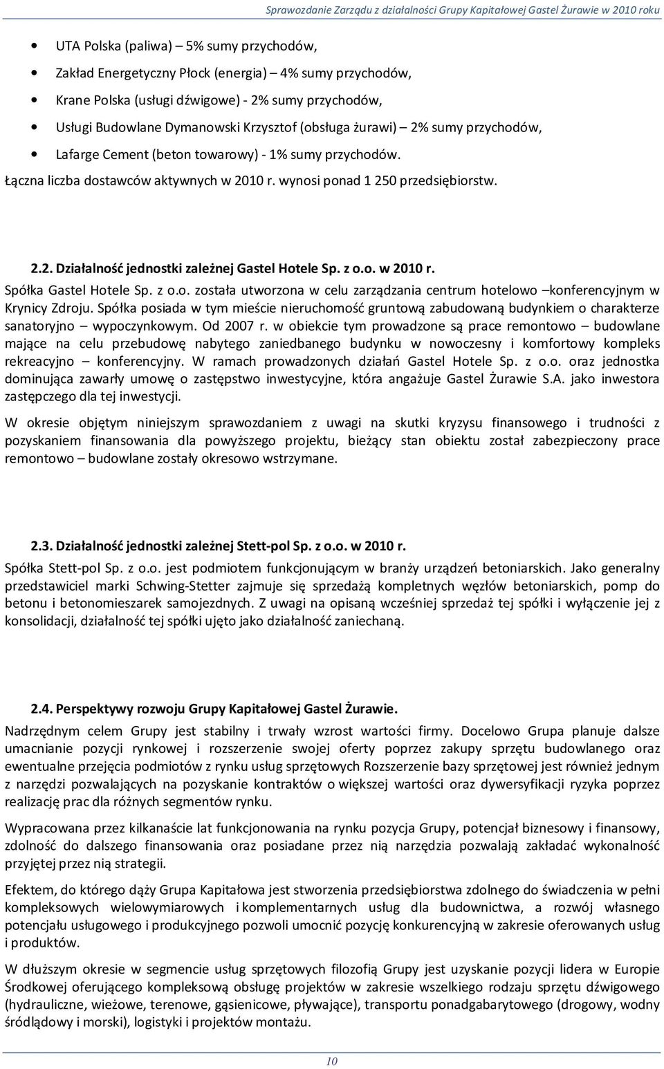z o.o. w 2010 r. Spółka Gastel Hotele Sp. z o.o. została utworzona w celu zarządzania centrum hotelowo konferencyjnym w Krynicy Zdroju.
