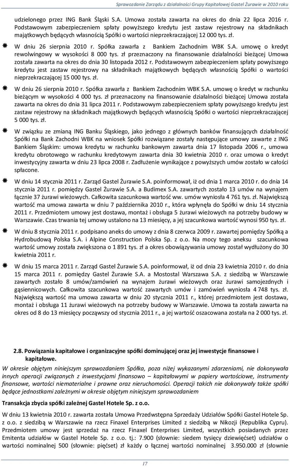 W dniu 26 sierpnia 2010 r. Spółka zawarła z Bankiem Zachodnim WBK S.A. umowę o kredyt rewolwingowy w wysokości 8 000 tys.