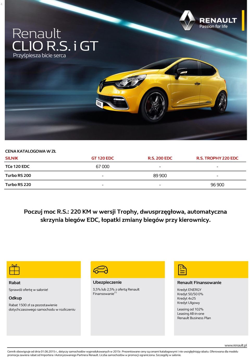 Odkup Rabat 1500 zł za pozostawienie dotychczasowego samochodu w rozliczeniu Ubezpieczenie 3,5% lub 2,5% z ofertą Renault Finansowanie (1) Renault Finansowanie Kredyt ENERGY Kredyt 50/50 0% Kredyt