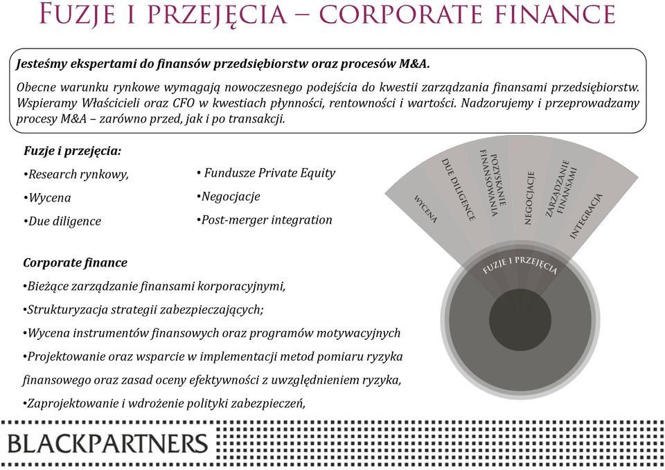 Fuzje i przejęcia: Research rynkowy, Wycena Due diligence Fundusze Private Equity Negocjacje Post-merger integration Corporate finance Bieżące zarządzanie finansami korporacyjnymi, Strukturyzacja
