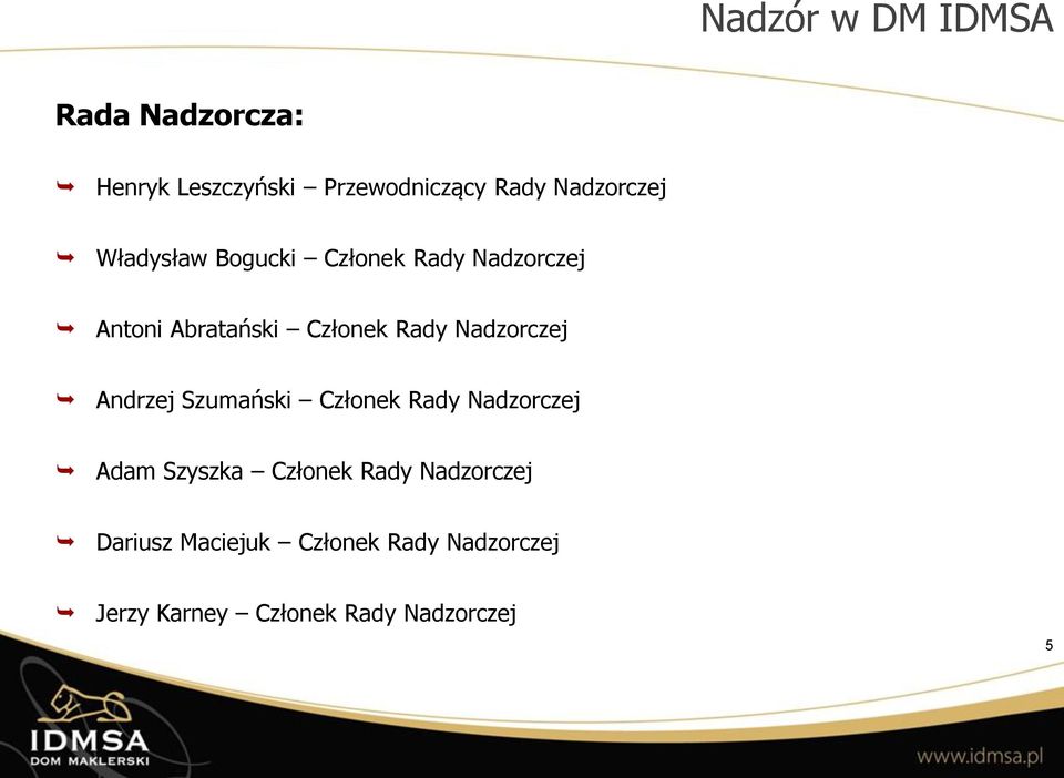 Rady Nadzorczej Andrzej Szumański Członek Rady Nadzorczej Adam Szyszka Członek