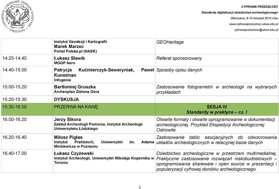 00 PRZERWA NA KAWĘ SESJA IV Standardy w praktyce cz. I 16.00-16.20 Jerzy Sikora Zakład Archeologii Pomorza, Instytut Archeologii Uniwersytetu Łódzkiego 16.20-16.