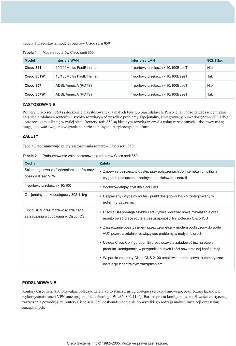 przełącznik 10/100BaseT Nie Cisco 857W ADSL Annex A (POTS) 4-portowy przełącznik 10/100BaseT Tak ZASTOSOWANIE Routery Cisco serii 850 są doskonale przystosowane dla małych biur lub biur zdalnych.