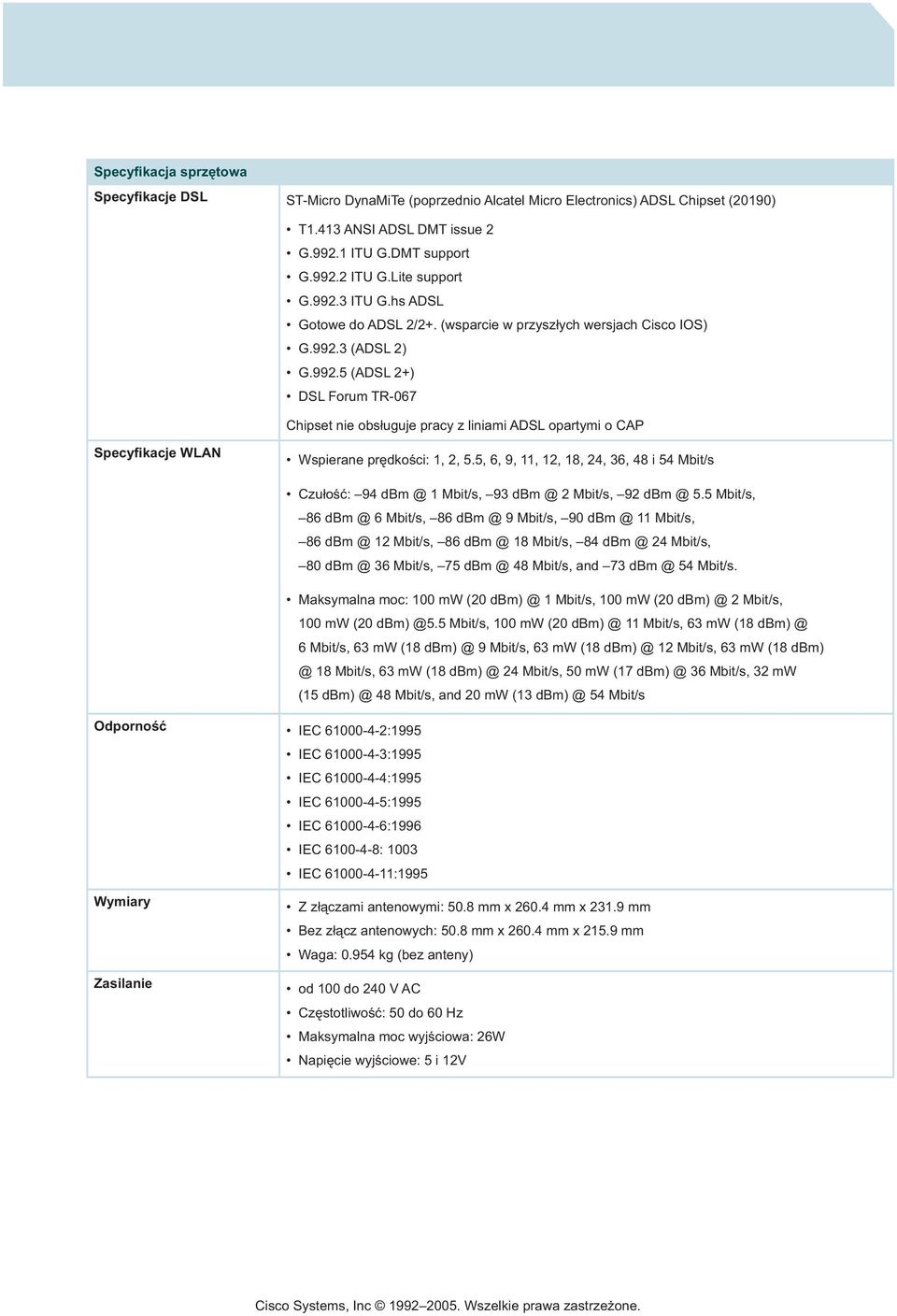 5, 6, 9, 11, 12, 18, 24, 36, 48 i 54 Mbit/s Czułość: 94 dbm @ 1 Mbit/s, 93 dbm @ 2 Mbit/s, 92 dbm @ 5.