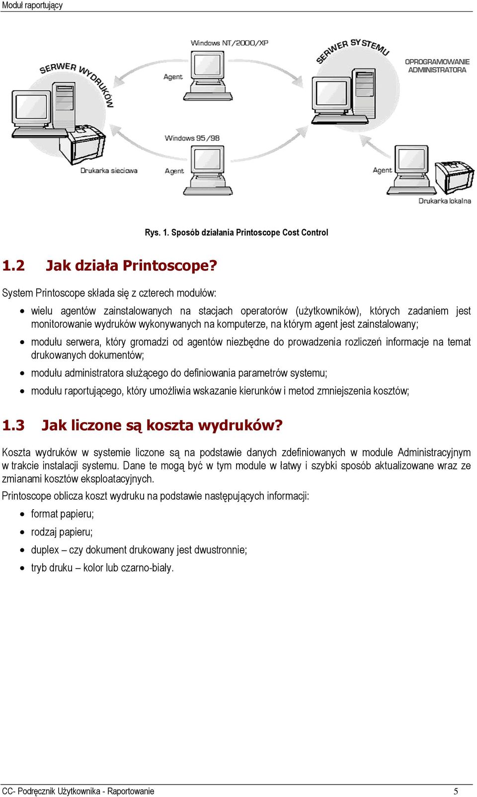 którym agent jest zainstalowany; modułu serwera, który gromadzi od agentów niezbędne do prowadzenia rozliczeń informacje na temat drukowanych dokumentów; modułu administratora służącego do