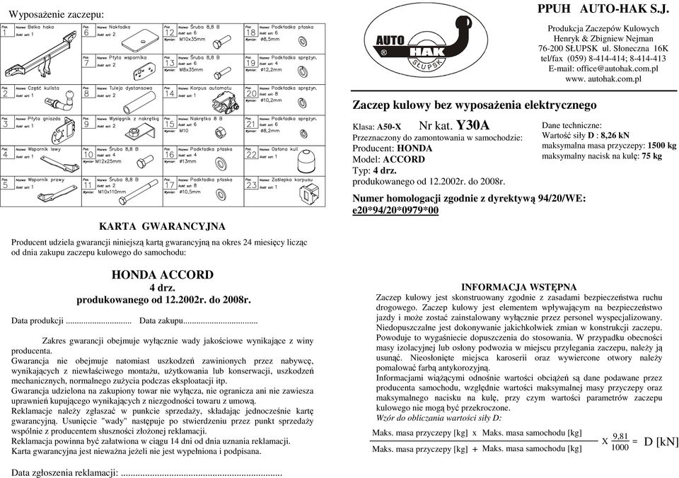 Gwarancja nie obejmuje natomiast uszkodzeń zawinionych przez nabywcę, wynikających z niewłaściwego montaŝu, uŝytkowania lub konserwacji, uszkodzeń mechanicznych, normalnego zuŝycia podczas