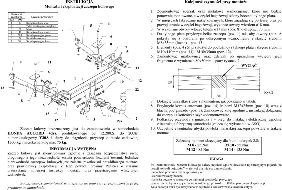 numer katalogowy Y30 i słuŝy do ciągnięcia przyczep o masie całkowitej 1500 kg i nacisku na kulę max 5 kg.