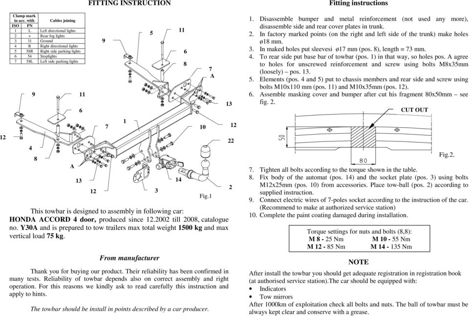 INSTRUCTION 1 5 3 14 Fig.1 This towbar is designed to assembly in following car: HOND CCORD 4 door, produced since.2002 till 200, catalogue no.