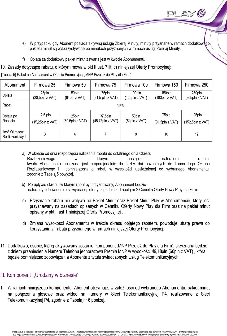 c) niniejszej Oferty Promocyjnej: [Tabela 5] Rabat na Abonament w Ofercie Promocyjnej MNP Przejdź do Play dla Firm Opłata (30,5pln z (91,5 pln z Rabat 50 % 100pln (122pln z 1 (183pln z 2 (305pln z