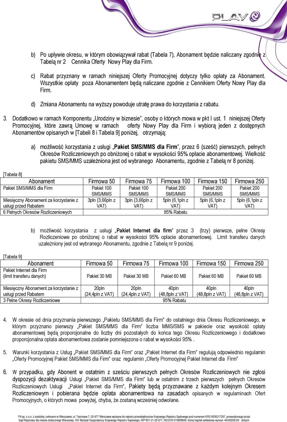 d) Zmiana Abonamentu na wyŝszy powoduje utratę prawa do korzystania z rabatu. 3. Dodatkowo w ramach Komponentu Urodziny w biznesie, osoby o których mowa w pkt I ust.