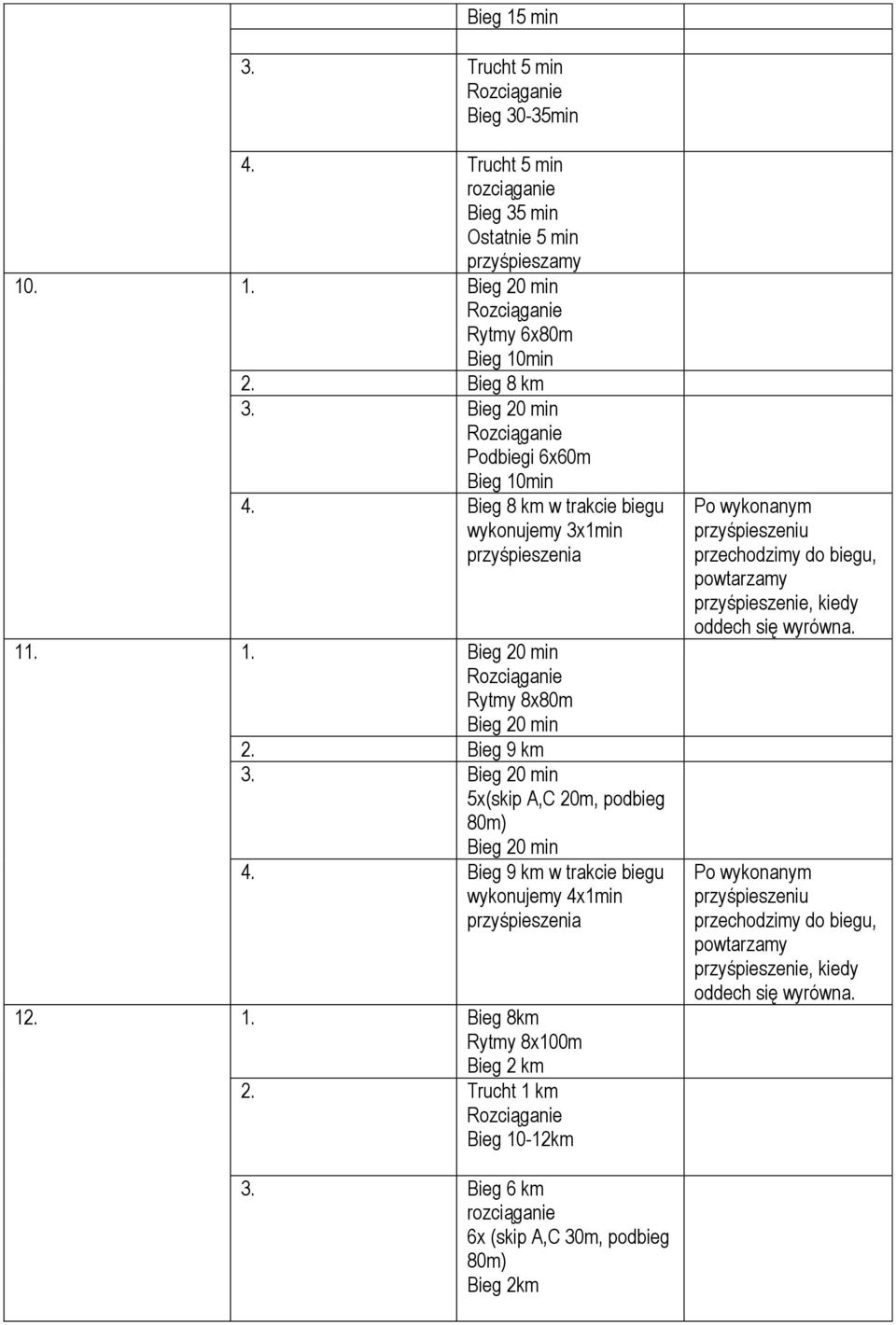 Bieg 9 km w trakcie biegu wykonujemy 4x1 przyśpieszenia 12. 1. Bieg 8km Rytmy 8x100m Bieg 2 km 2.