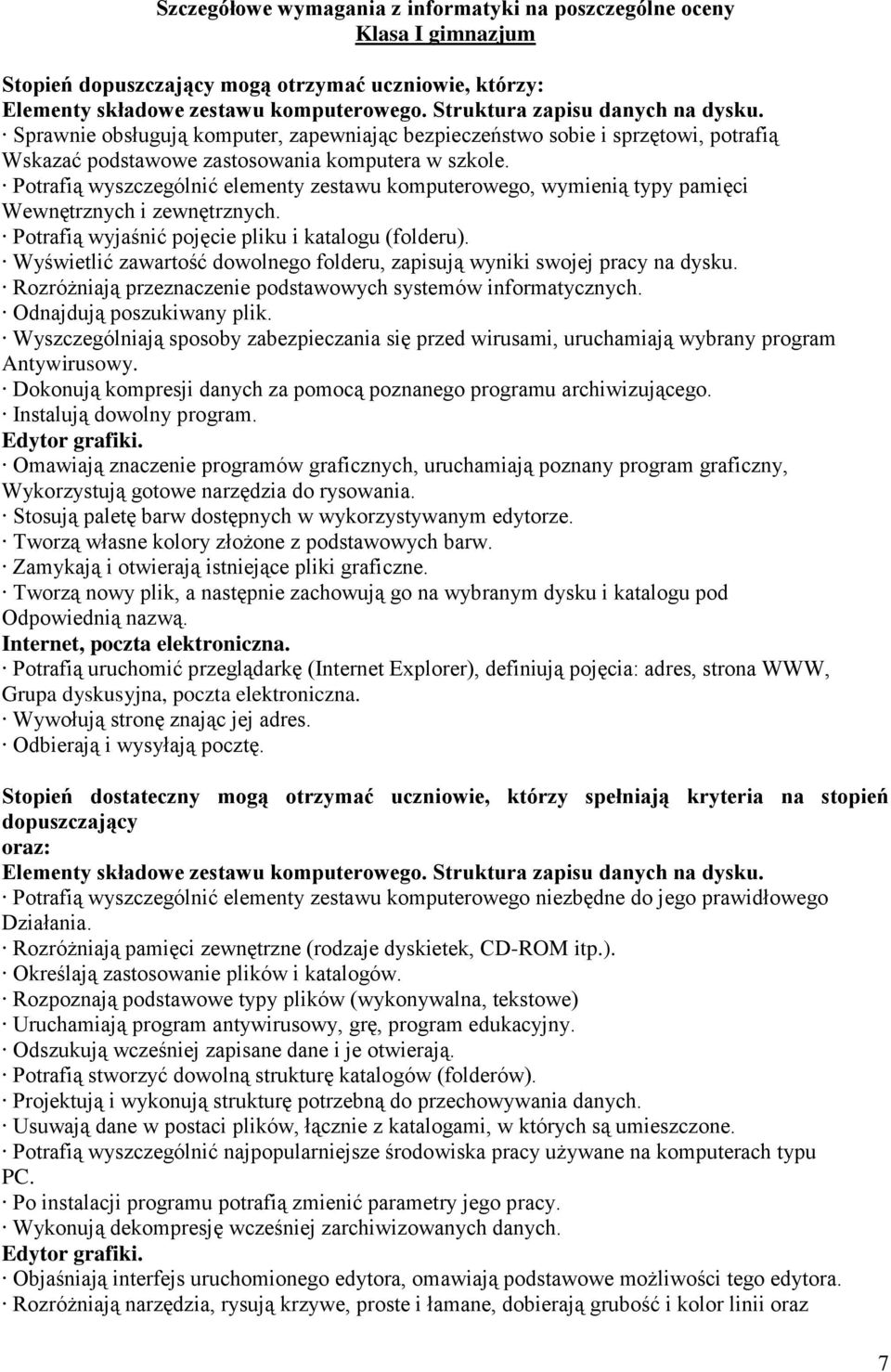 Potrafią wyszczególnić elementy zestawu komputerowego, wymienią typy pamięci Wewnętrznych i zewnętrznych. Potrafią wyjaśnić pojęcie pliku i katalogu (folderu).