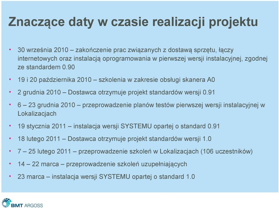91 6 23 grudnia 2010 przeprowadzenie planów testów pierwszej wersji instalacyjnej w Lokalizacjach 19 stycznia 2011 instalacja wersji SYSTEMU opartej o standard 0.