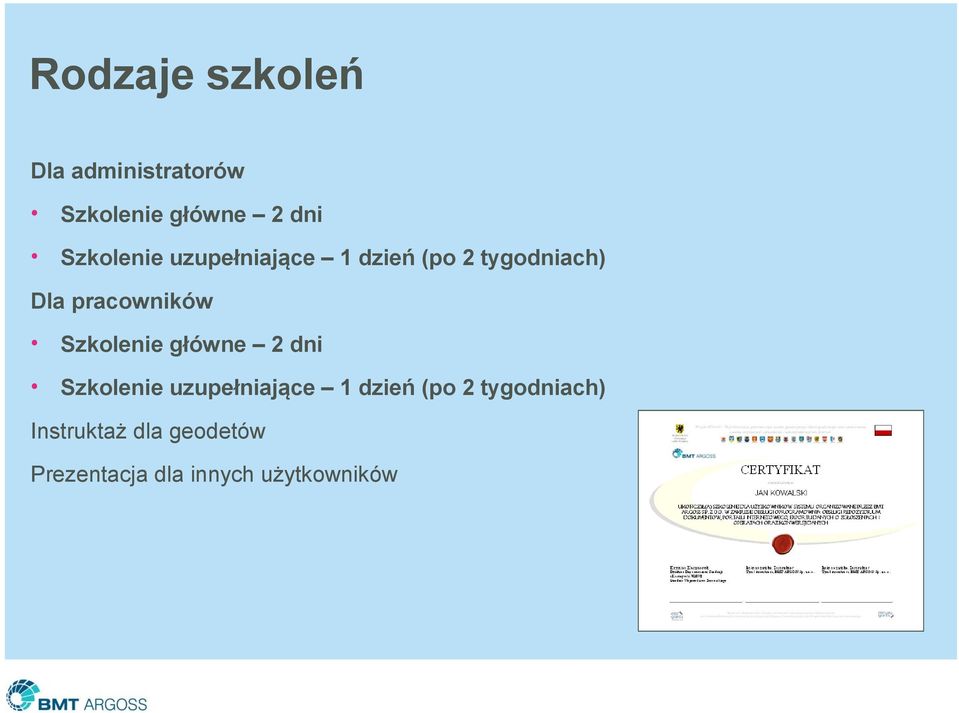 pracowników Szkolenie główne 2 dni Szkolenie uzupełniające 1