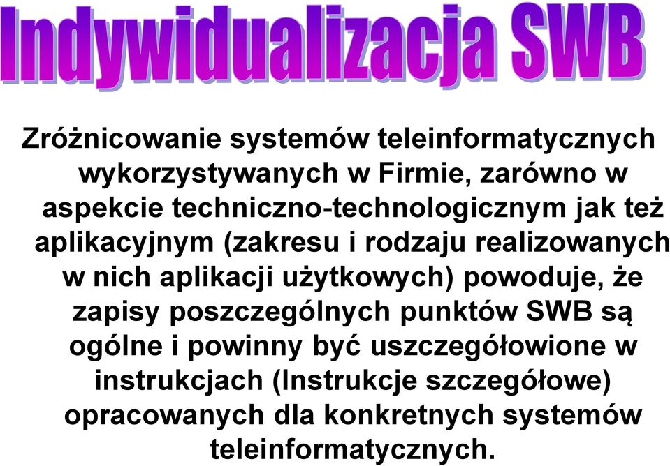 aplikacji użytkowych) powoduje, że zapisy poszczególnych punktów SWB są ogólne i powinny być