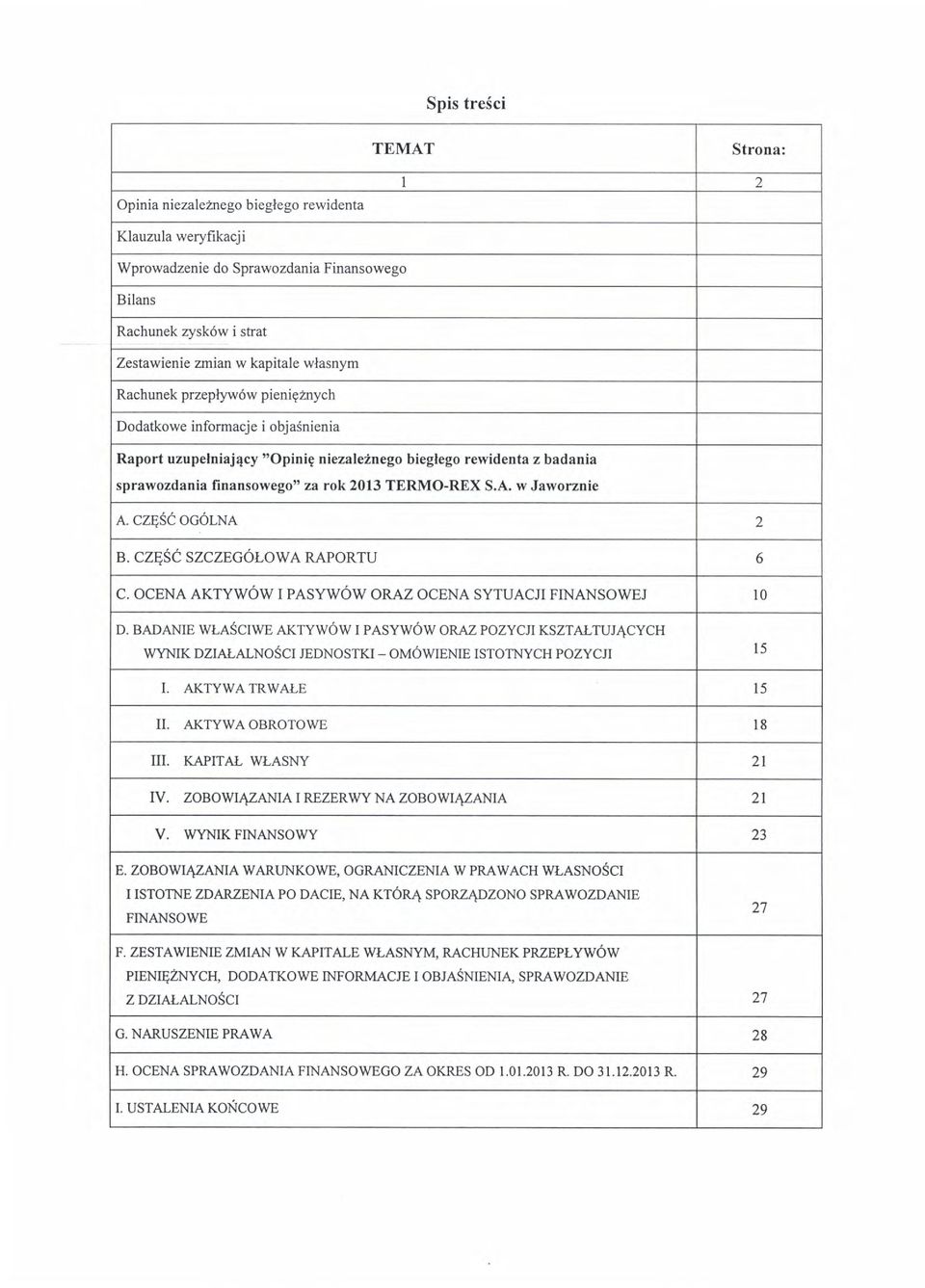 czesc c,6la 2 B. CZESC SZCZEGOI-OWA RAPORTU 6 C. OCEA AKTYVr'6W T PASYWW ORAZ OCEA SYTUACJI FIASO'IVEJ l0 D.