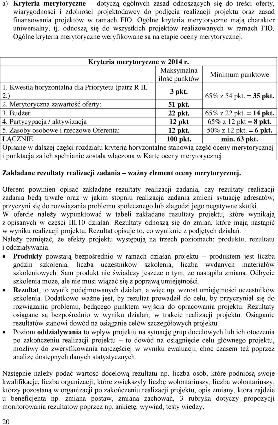 Ogólne kryteria merytoryczne weryfikowane są na etapie oceny merytorycznej. Kryteria merytoryczne w 2014 r. Maksymalna ilość punktów Minimum punktowe 1.