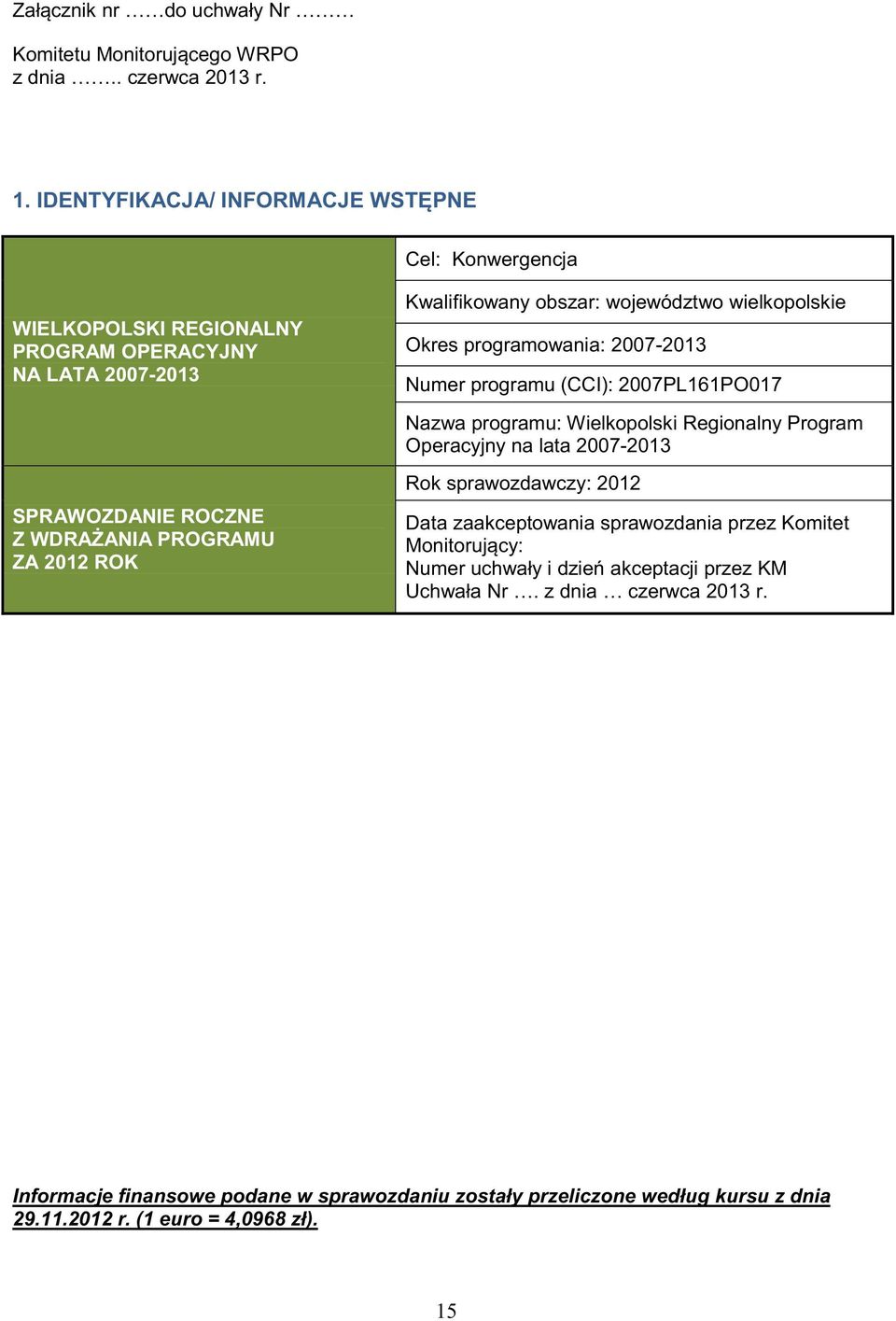 programowania: 27-213 Numer programu (CCI): 27PL161PO17 Nazwa programu: Wielkopolski Regionalny Program Operacyjny na lata 27-213 SPRAWOZDANIE ROCZNE Z WDRAŻANIA PROGRAMU ZA