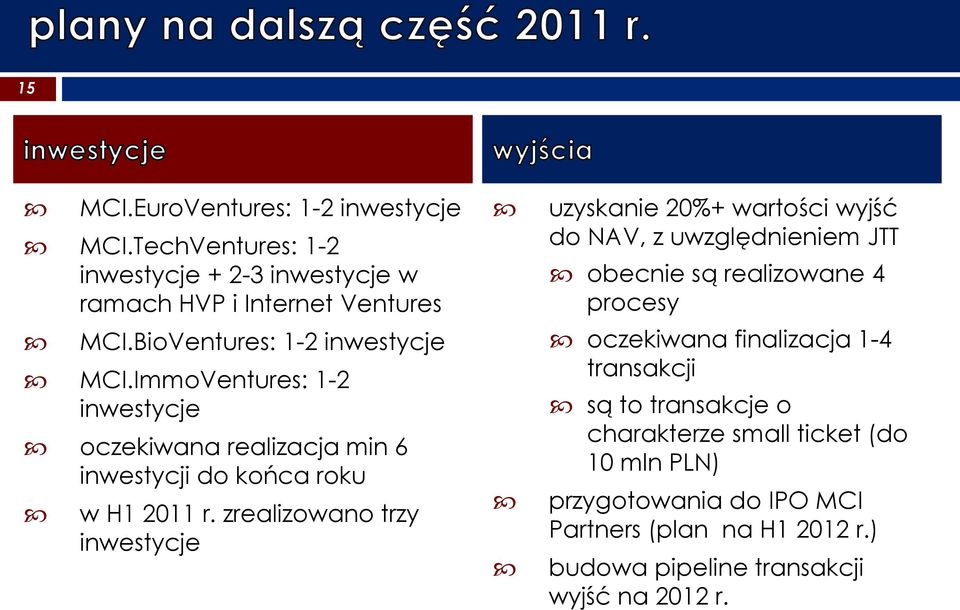 zrealizowano trzy inwestycje uzyskanie 20%+ wartości wyjść do NAV, z uwzględnieniem JTT obecnie są realizowane 4 procesy oczekiwana