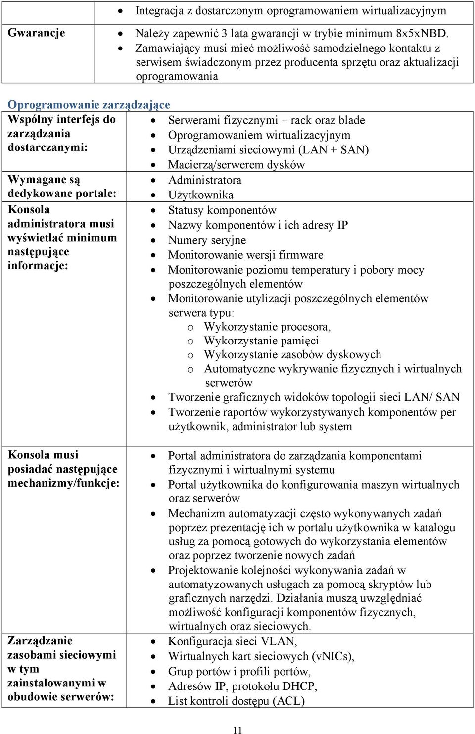 fizycznymi rack oraz blade zarządzania Oprogramowaniem wirtualizacyjnym dostarczanymi: Urządzeniami sieciowymi (LAN + SAN) Macierzą/serwerem dysków Wymagane są Administratora dedykowane portale: