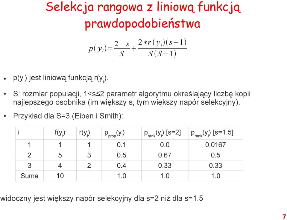 selekcyjny). Przykład dla S=3 (Eiben i Smith): i f(y i ) r(y i ) p prop (y i ) p rank (y i ) [s=2] p rank (y i ) [s=1.5] 1 1 1 0.