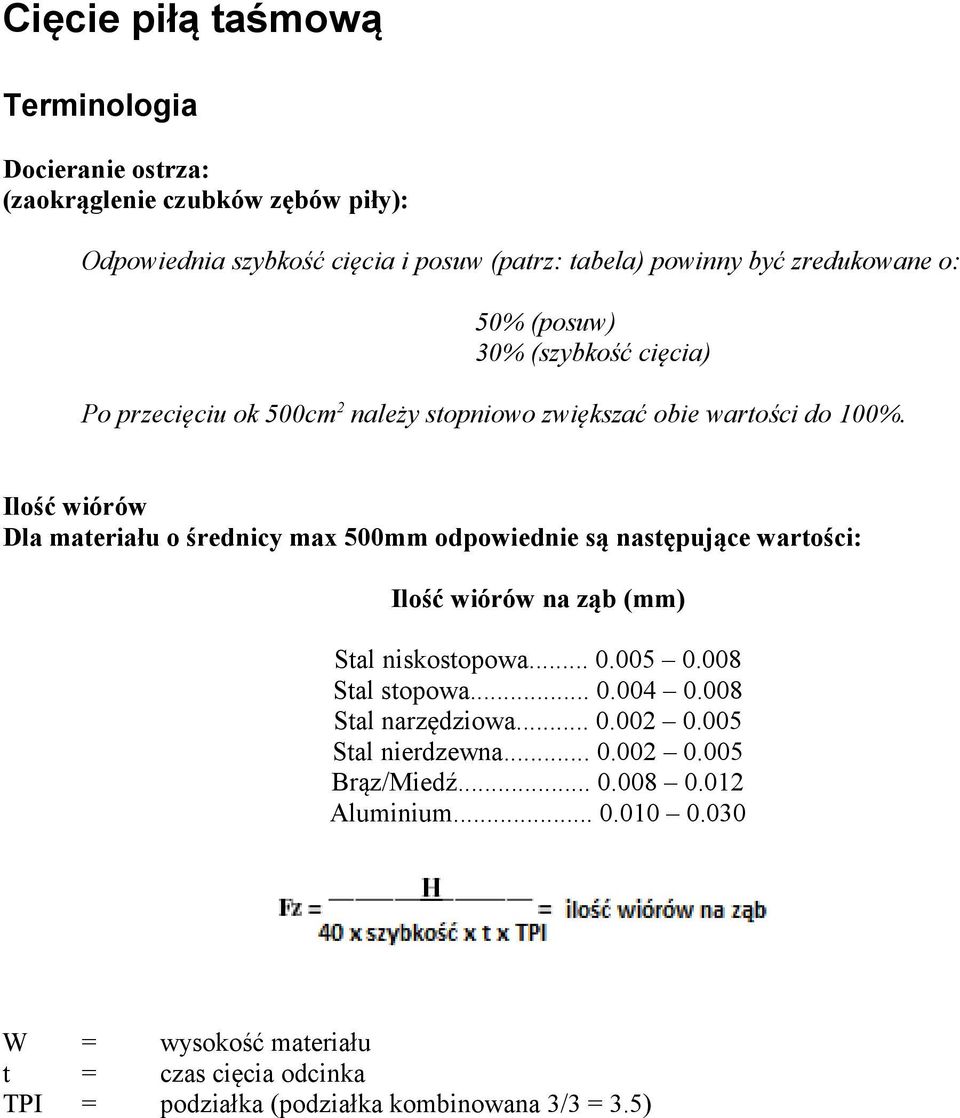 Ilość wiórów Dla materiału o średnicy max 500mm odpowiednie są następujące wartości: Ilość wiórów na ząb (mm) Stal niskostopowa... 0.005 0.008 Stal stopowa... 0.004 0.