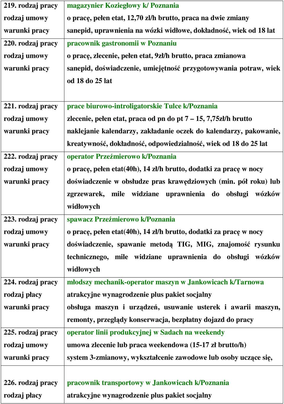 Poznaniu o pracę, zlecenie, pełen etat, 9zł/h brutto, praca zmianowa sanepid, doświadczenie, umiejętność przygotowywania potraw, wiek od 18 do 25 lat 221. rodzaj pracy 222. rodzaj pracy 223.