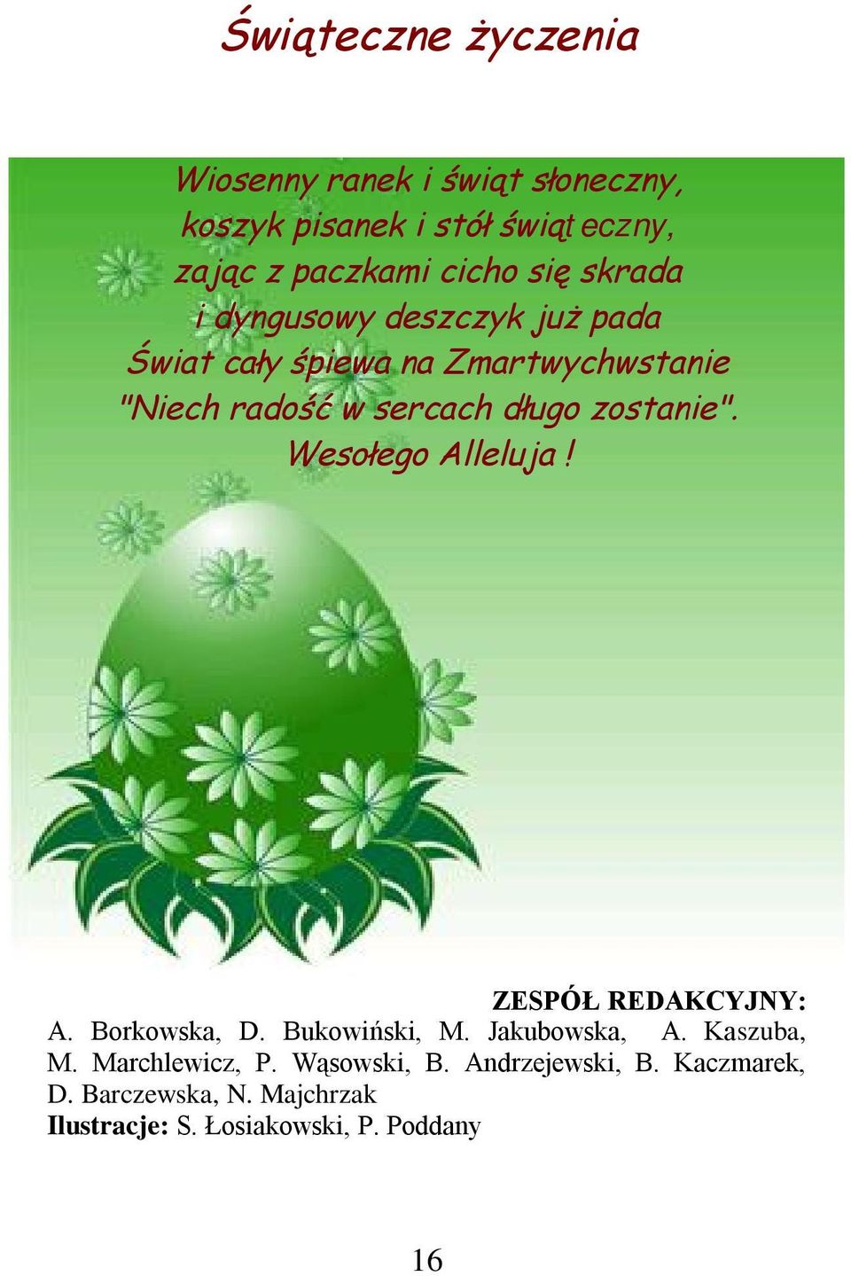 zostanie". Wesołego Alleluja! ZESPÓŁ REDAKCYJNY: A. Borkowska, D. Bukowiński, M. Jakubowska, A. Kaszuba, M.