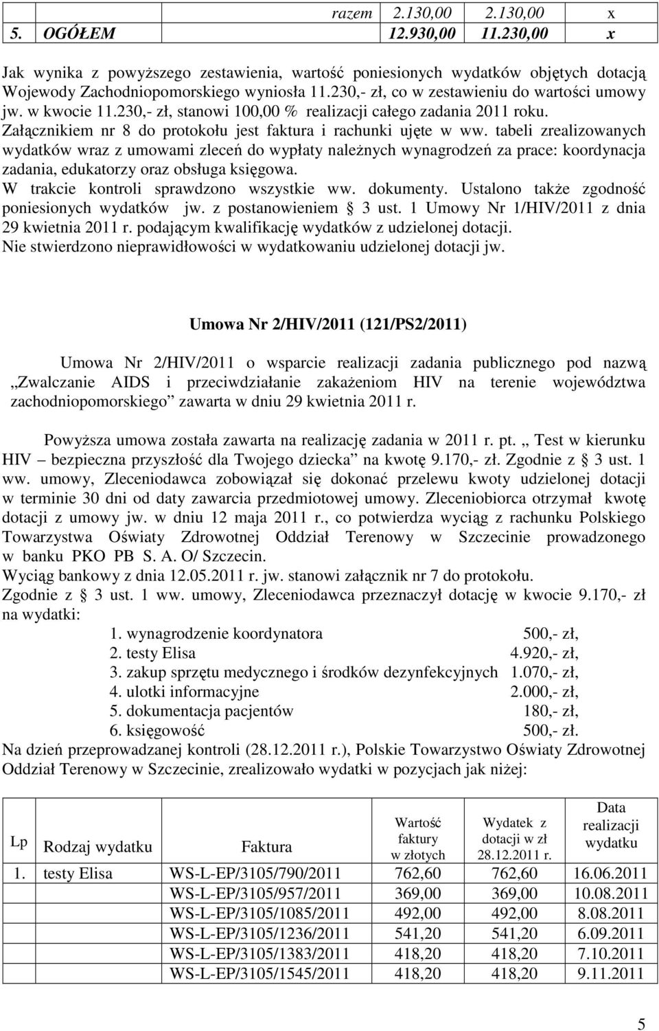 tabeli zrealizowanych wydatków wraz z umowami zleceń do wypłaty należnych wynagrodzeń za prace: koordynacja zadania, edukatorzy oraz obsługa księgowa. W trakcie kontroli sprawdzono wszystkie ww.
