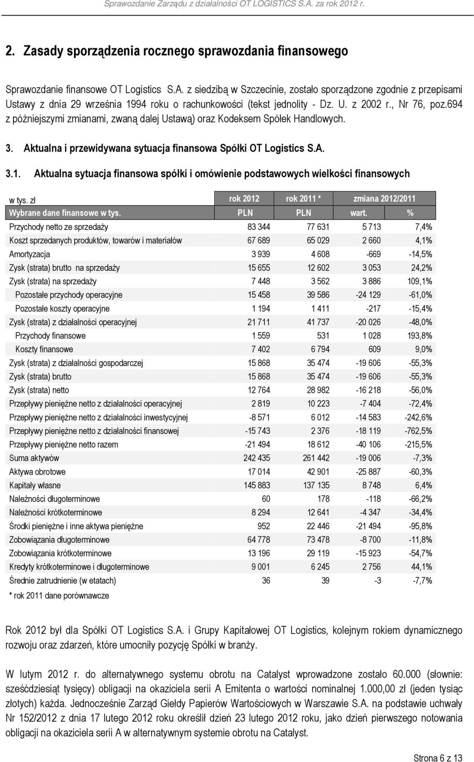 694 z późniejszymi zmianami, zwaną dalej Ustawą) oraz Kodeksem Spółek Handlowych. 3. Aktualna i przewidywana sytuacja finansowa Spółki OT Logistics S.A. 3.1.