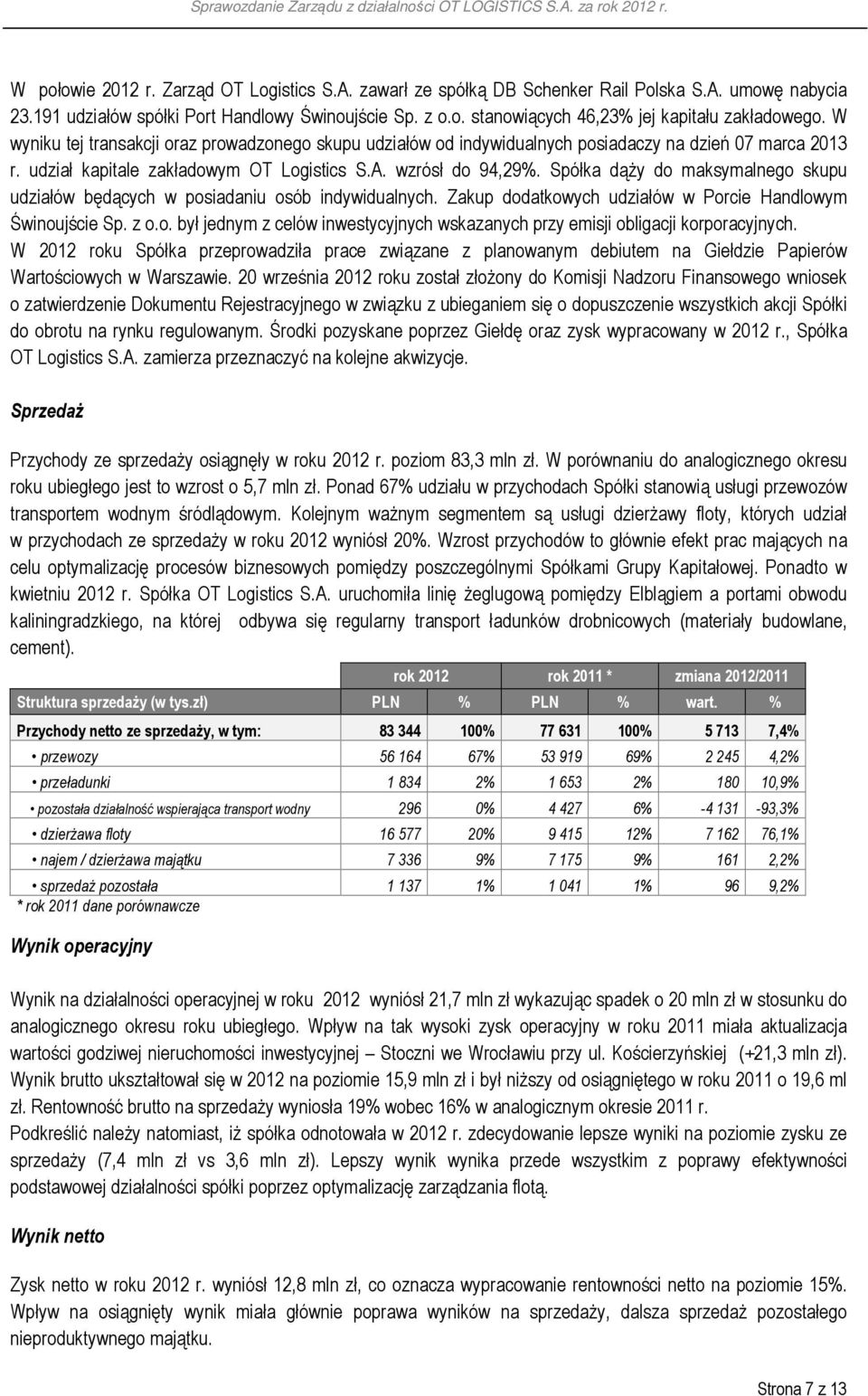 Spółka dąży do maksymalnego skupu udziałów będących w posiadaniu osób indywidualnych. Zakup dodatkowych udziałów w Porcie Handlowym Świnoujście Sp. z o.o. był jednym z celów inwestycyjnych wskazanych przy emisji obligacji korporacyjnych.