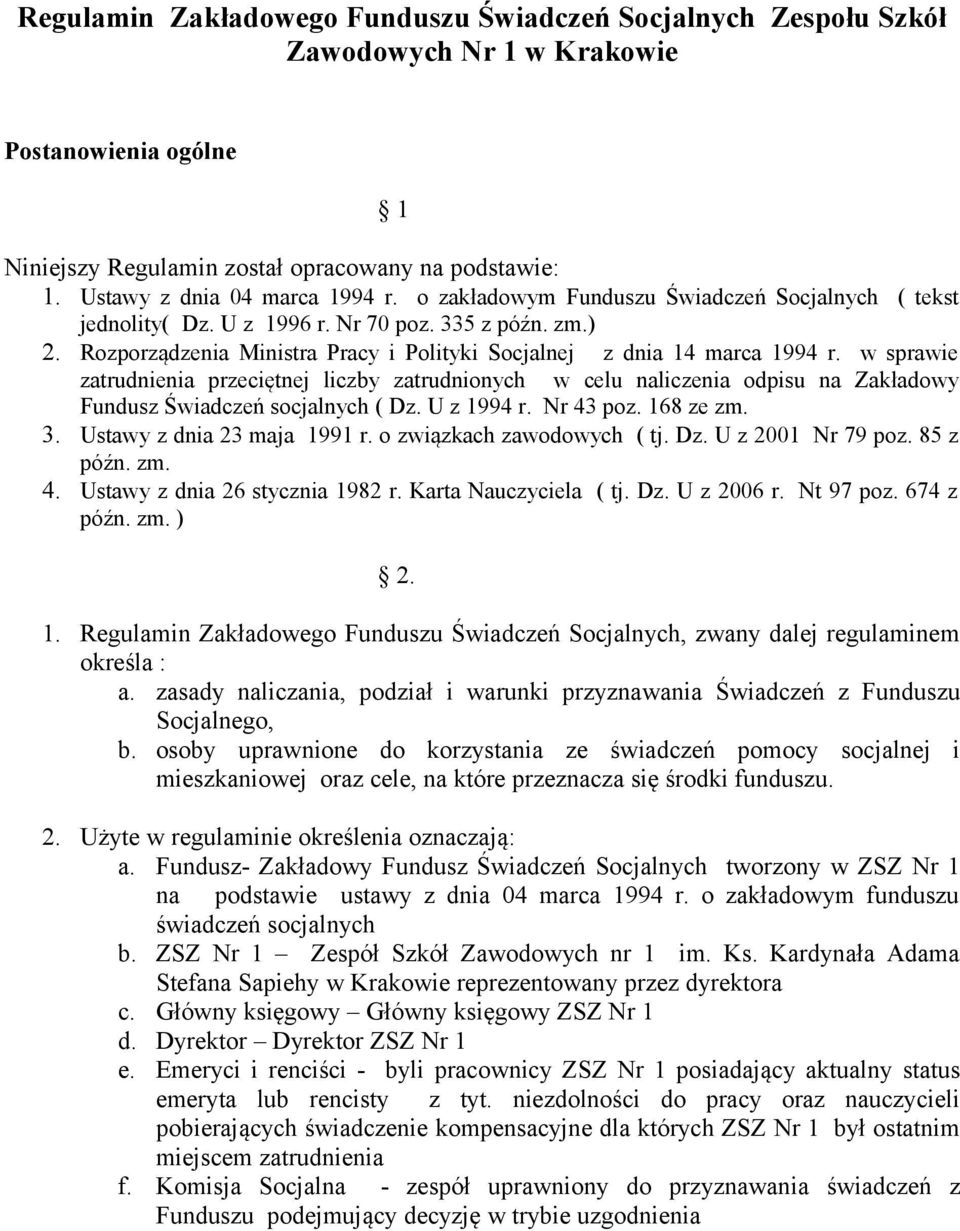 Rozporządzenia Ministra Pracy i Polityki Socjalnej z dnia 14 marca 1994 r.